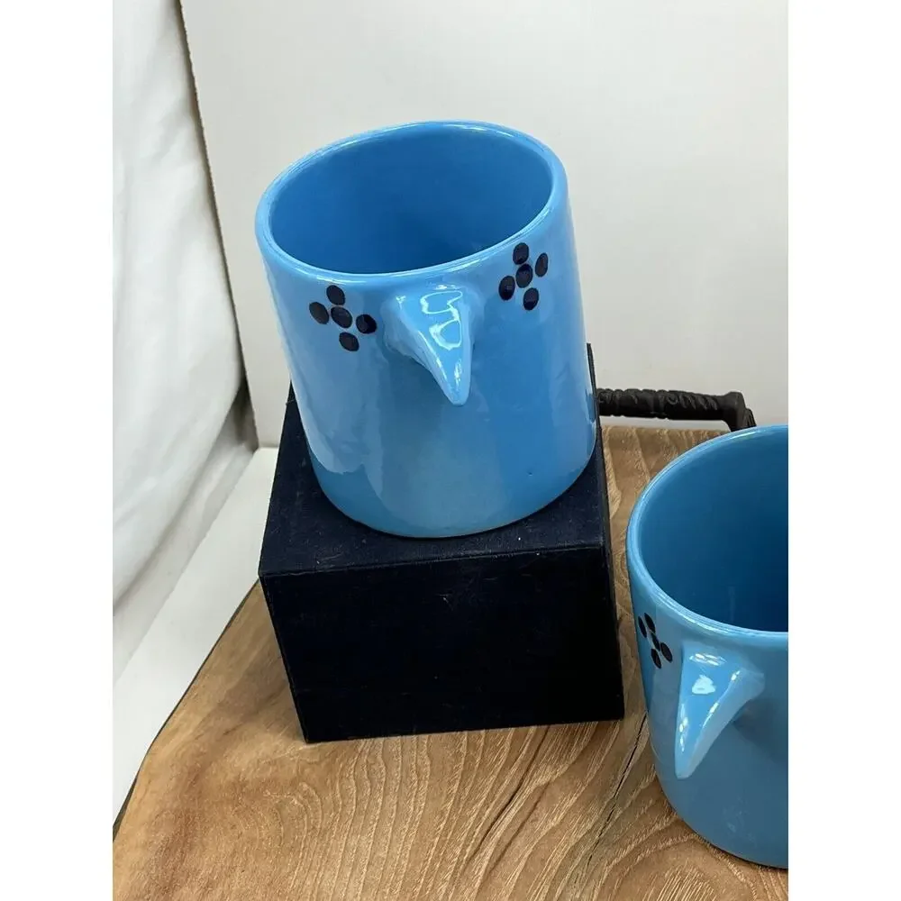 West Elm Guatemalan 2 Bird Cup Coffee Mugs Hand Painted 16 oz Blue ! ☕️🔥